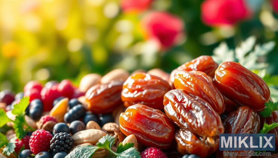 Bližnji posnetek bleÅ¡ÄeÄih jantarnih datljev z jagodami, oreÅ¡Äki in zelenjavo na zamegljenem vrtnem ozadju. Bližnji posnetek bleÅ¡ÄeÄih jantarnih datljev z jagodami, oreÅ¡Äki in zelenjavo na zamegljenem vrtnem ozadju.