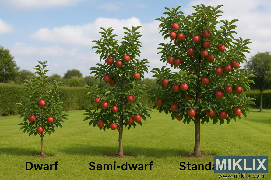 Perbandingan pokok epal kerdil, separa kerdil dan standard dengan saiz berlabel dalam kebun berumput.