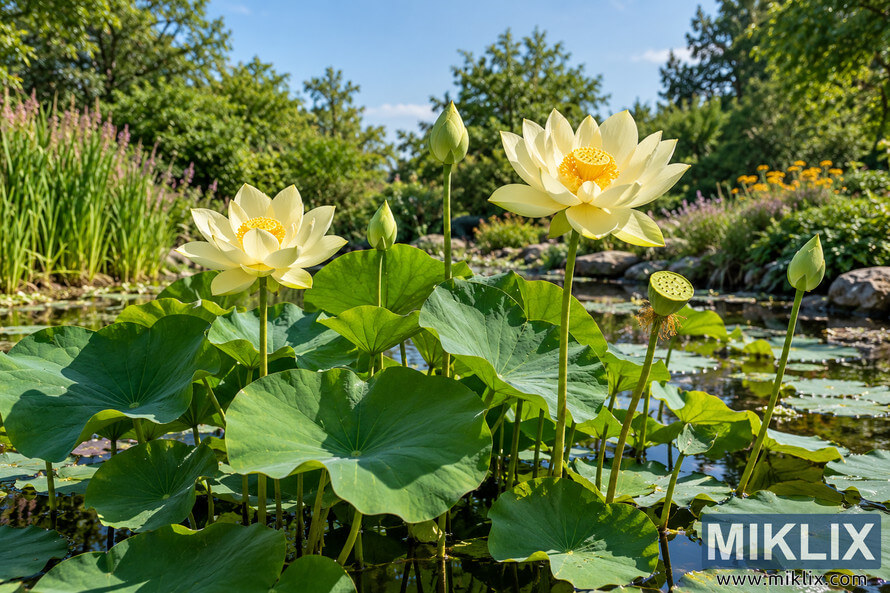 Pale yellow American lotus flowers, buds, seed pod, and broad green leaves growing in a sunlit garden pond surrounded by lush plants and rocks.