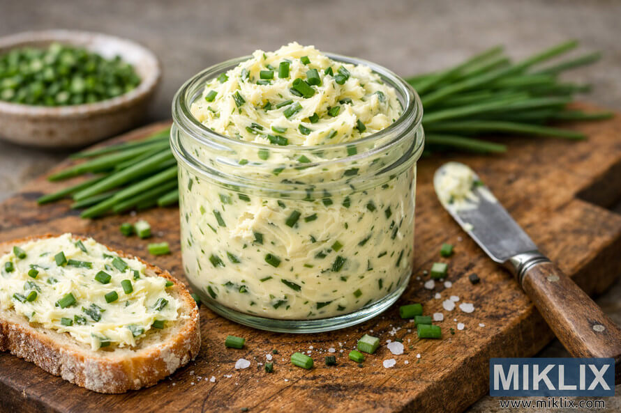 A rustic wooden cutting board holds a small glass jar filled with pale yellow chive compound butter, speckled with finely chopped green chives. A rustic wooden cutting board holds a small glass jar filled with pale yellow chive compound butter, speckled with finely chopped green chives.