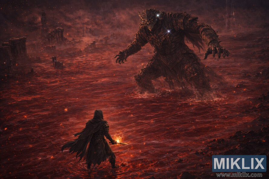 MraÄna fantastiÄna ilustracija Potamnjelih okrenutih prema visokom Zmajevom vojniku preko grimiznih voda Jezera truleži u izometrijskom prikazu. MraÄna fantastiÄna ilustracija Potamnjelih okrenutih prema visokom Zmajevom vojniku preko grimiznih voda Jezera truleži u izometrijskom prikazu.