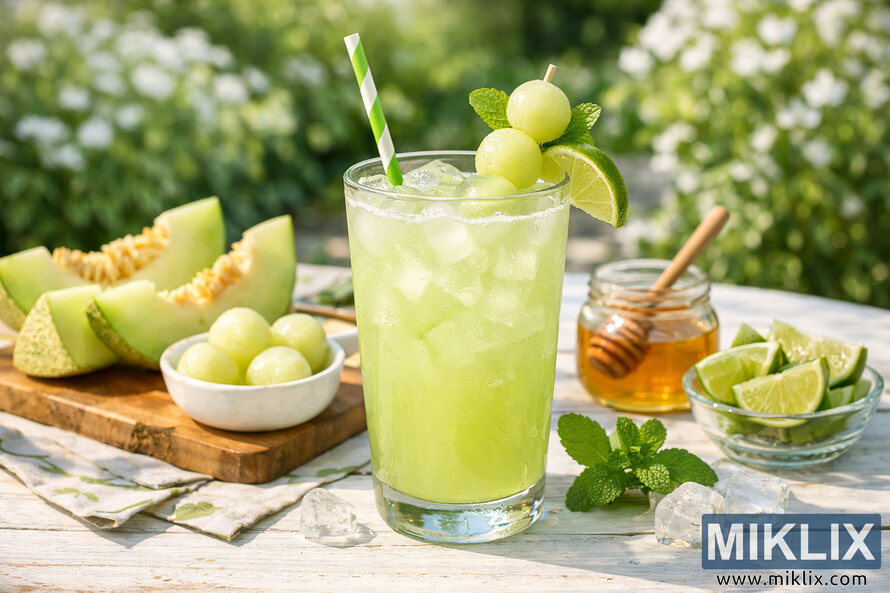 A tall glass of honeydew agua fresca with ice, melon balls, mint, and lime on a rustic garden table surrounded by honey, lime wedges, and sliced melon under bright summer sunlight. A tall glass of honeydew agua fresca with ice, melon balls, mint, and lime on a rustic garden table surrounded by honey, lime wedges, and sliced melon under bright summer sunlight.