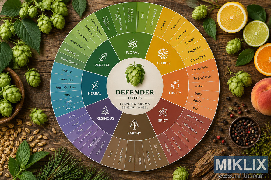 Top-down sensory wheel for Defender hops on a rustic wooden table, with color-coded floral, citrus, fruity, spicy, earthy, resinous, herbal, and vegetal aroma categories surrounded by hop cones, citrus fruit, peach, herbs, peppercorns, grains, pine needles, bark, and moss. Top-down sensory wheel for Defender hops on a rustic wooden table, with color-coded floral, citrus, fruity, spicy, earthy, resinous, herbal, and vegetal aroma categories surrounded by hop cones, citrus fruit, peach, herbs, peppercorns, grains, pine needles, bark, and moss.