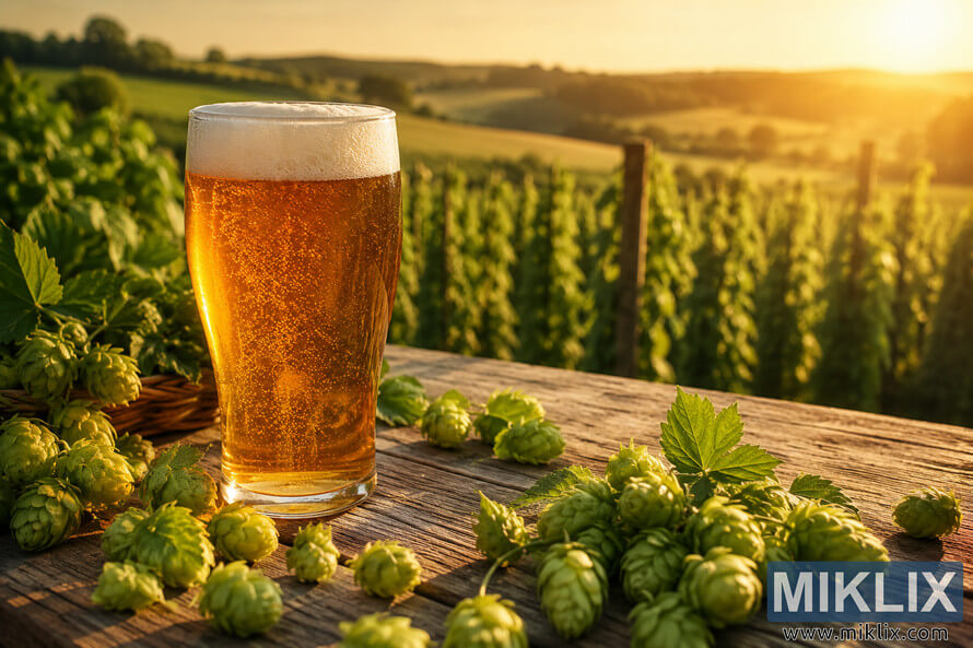 Close-up of a frothy golden amber beer on a rustic wooden table surrounded by fresh green hop cones, with a softly blurred hop field glowing in warm golden hour light in the background. Close-up of a frothy golden amber beer on a rustic wooden table surrounded by fresh green hop cones, with a softly blurred hop field glowing in warm golden hour light in the background.