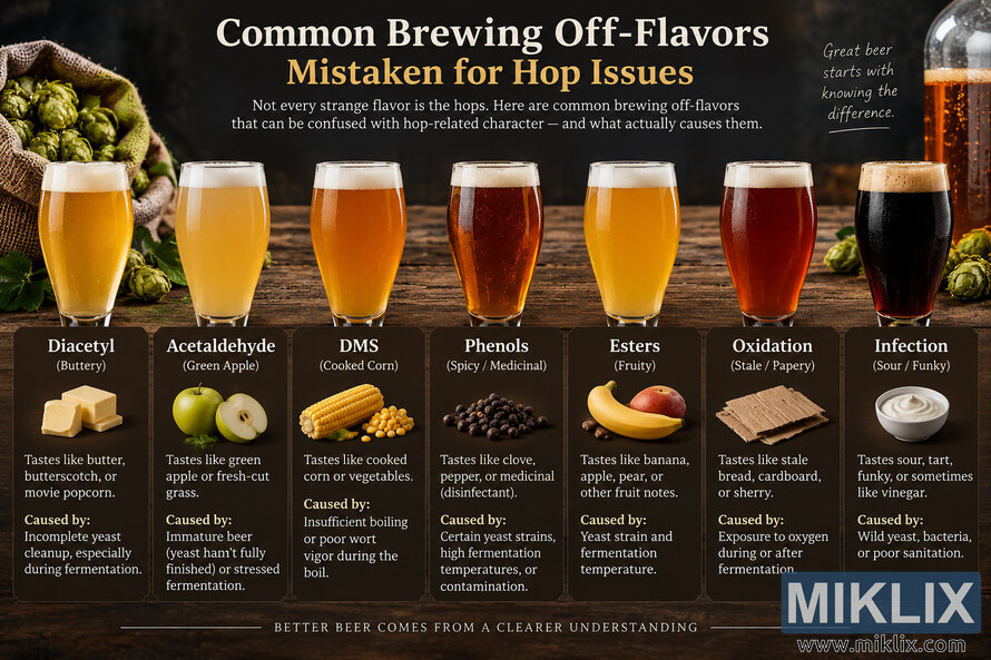 Landscape brewing infographic showing seven glasses of beer and common off-flavors often mistaken for hop issues: diacetyl, acetaldehyde, DMS, phenols, esters, oxidation, and infection, with flavor cues, causes, and illustrative ingredients.