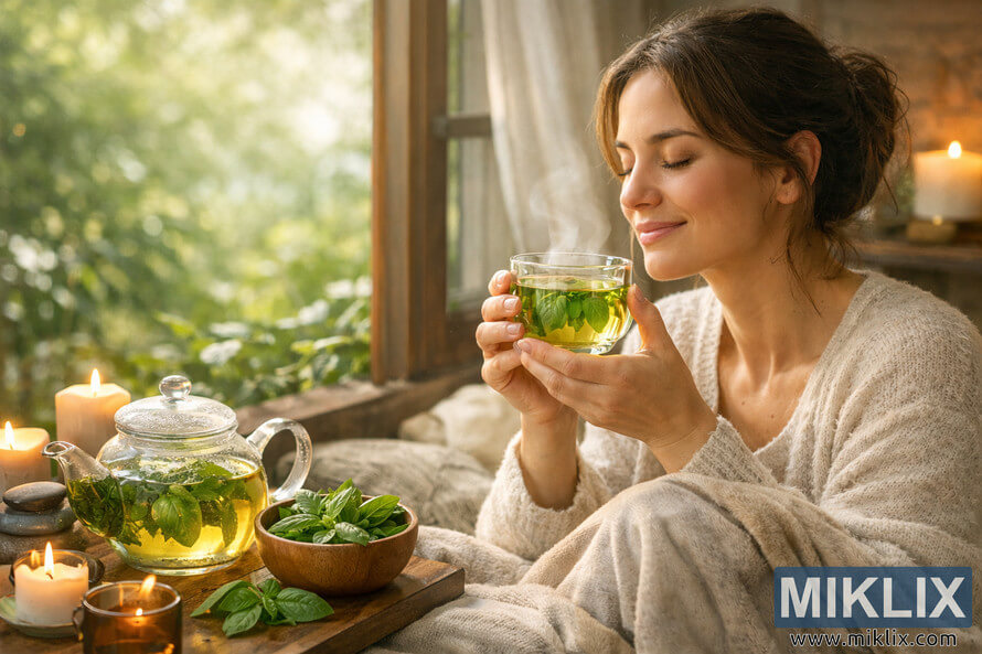 Woman sitting by a window enjoying basil tea, surrounded by candles and fresh basil leaves, illustrating relaxation and wellness.