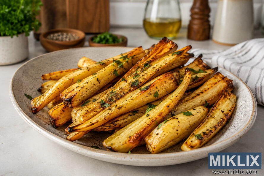 Landscape photograph of beautifully roasted golden-brown parsnips arranged on a speckled ceramic plate atop a bright kitchen counter, with herbs, wooden kitchen accessories, olive oil, and a softly blurred home kitchen background. Landscape photograph of beautifully roasted golden-brown parsnips arranged on a speckled ceramic plate atop a bright kitchen counter, with herbs, wooden kitchen accessories, olive oil, and a softly blurred home kitchen background.