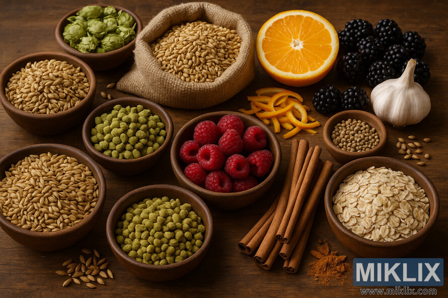 Hjemmebrygging av ingredienser på et rustikk bord med korn, humle, bær og krydder. Hjemmebrygging av ingredienser på et rustikk bord med korn, humle, bær og krydder.