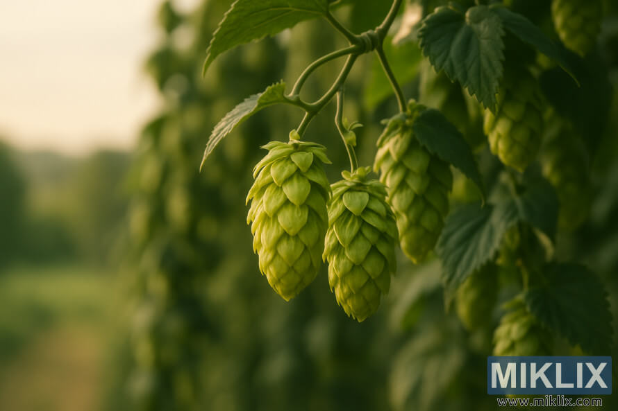 Tampilan dekat kerucut hop Southern Cross yang berwarna-warni tergantung di pohon bines dalam cahaya keemasan lembut dengan latar belakang pedesaan yang kabur.