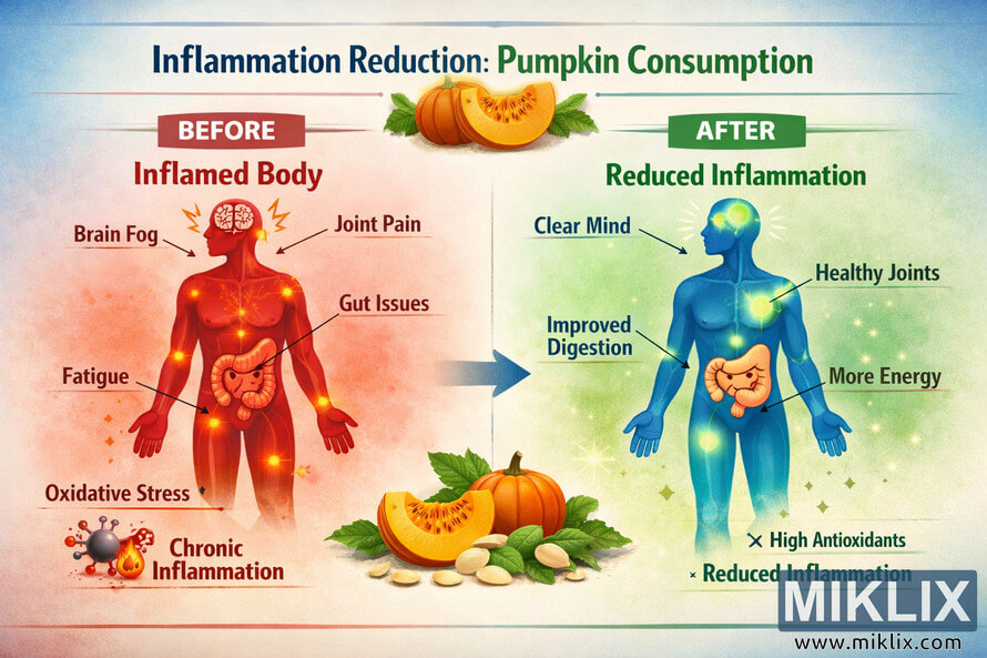 Educational landscape infographic showing a red inflamed human body labeled "BEFORE" on the left and a blue healthier human body labeled "AFTER" on the right, with callouts for symptoms like brain fog, joint pain, gut issues, and fatigue on the left, and benefits like clear mind, healthy joints, improved digestion, and more energy on the right. A central arrow points from the inflamed body to the healthy body, with pumpkin slices and seeds beneath it, and a title at the top reading "Inflammation Reduction: Pumpkin Consumption".