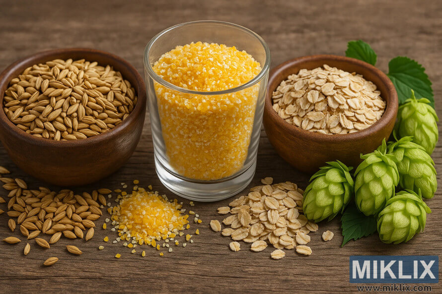 Tutup-up sa'ir, grits jagong, oats, sarta congcot hop héjo dina beungeut kai rustic. Tutup-up sa'ir, grits jagong, oats, sarta congcot hop héjo dina beungeut kai rustic.