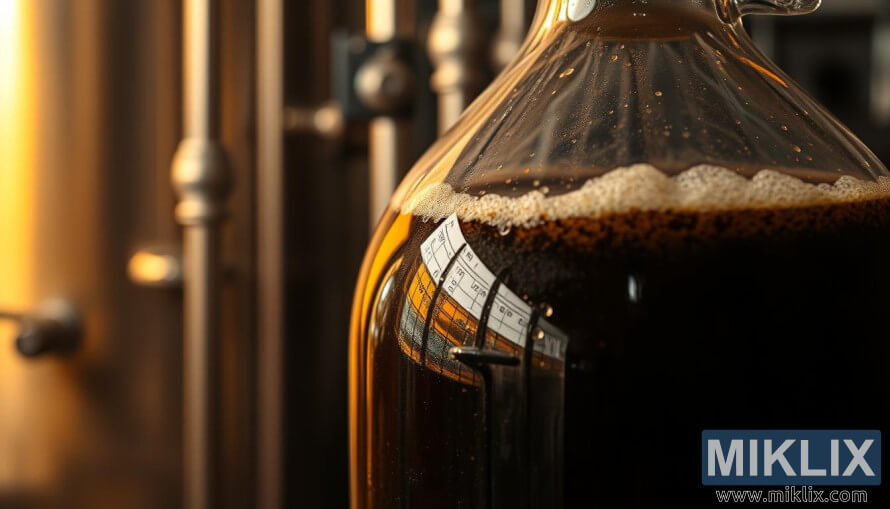 Glasdunke med boblende ristet bygvÃ¦ske i varmt lys med slÃ¸ret bryggeribaggrund.