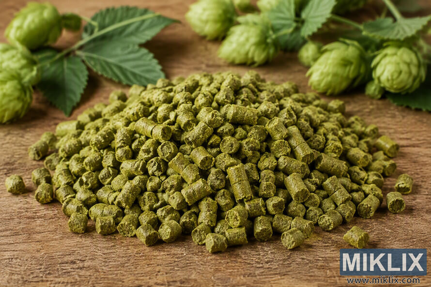 Close-up landscape photograph of a large mound of green hop pellets resting on a rustic wooden tabletop, surrounded by fresh hop cones and green leaves in a softly blurred background. The image highlights the texture, color, and granular structure of processed hop pellets commonly used in brewing. Close-up landscape photograph of a large mound of green hop pellets resting on a rustic wooden tabletop, surrounded by fresh hop cones and green leaves in a softly blurred background. The image highlights the texture, color, and granular structure of processed hop pellets commonly used in brewing.