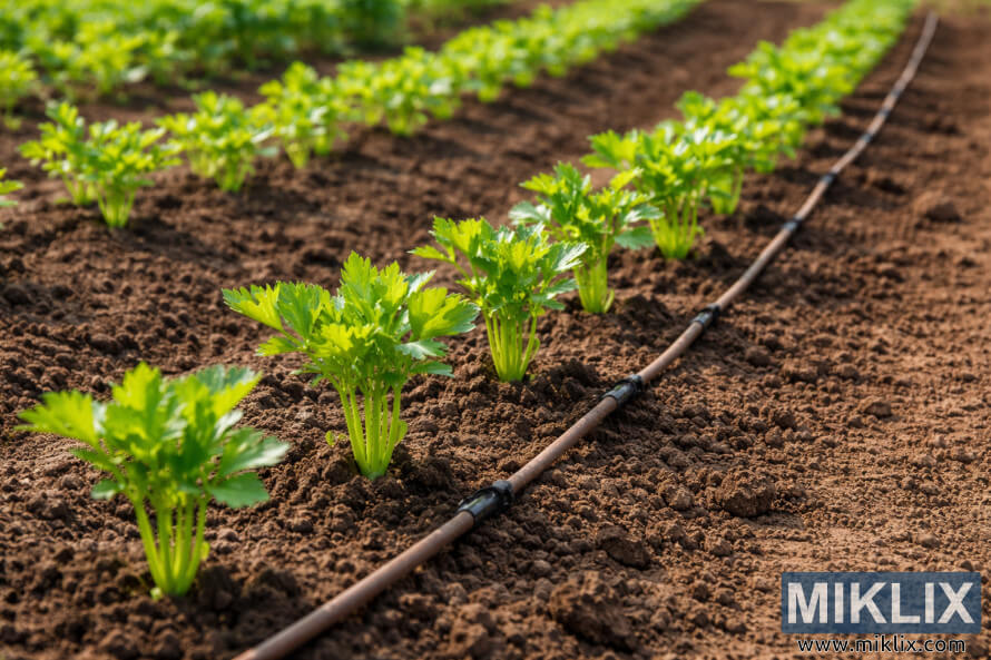 RÃ¶Ã° af nÃ½grÃ¦ddum sellerÃ­plÃ¶ntum, jafnt dreifÃ° Ã­ dÃ¶kkri jarÃ°vegi meÃ° dropavÃ¶kvunarlÃ­nu sem liggur meÃ°fram Ã¾eim.