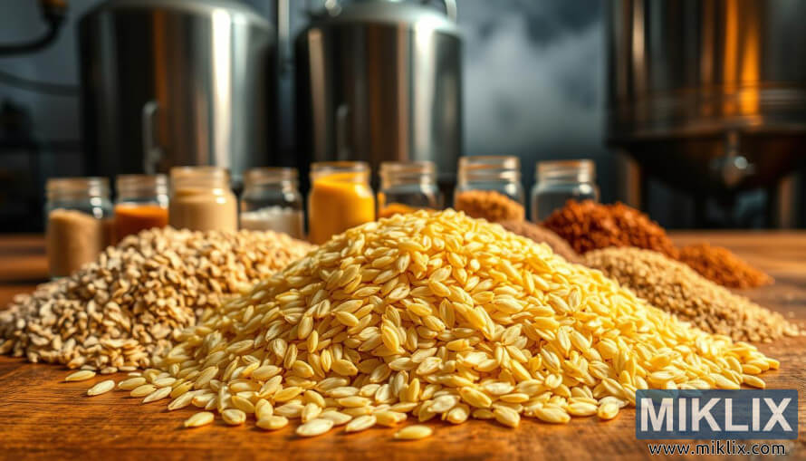 Bambance-bambancen haÉin giyar da suka haÉa da shinkafa, hatsi, masara, da sukari kandi akan teburin katako.