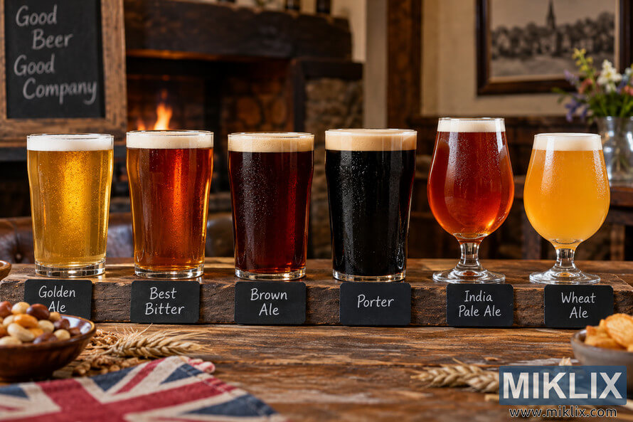 Six British-inspired ale styles in different glasses on a rustic pub table, ranging from golden and amber ales to brown ale, dark porter, IPA, and hazy wheat ale, with a warm fireplace in the background.