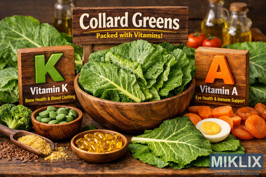 A vibrant landscape photograph of fresh collard greens arranged on a rustic wooden surface, surrounded by natural sources of vitamins K and A such as carrots, eggs, and broccoli, with wooden blocks labeled Vitamin K and Vitamin A highlighting their health benefits. A vibrant landscape photograph of fresh collard greens arranged on a rustic wooden surface, surrounded by natural sources of vitamins K and A such as carrots, eggs, and broccoli, with wooden blocks labeled Vitamin K and Vitamin A highlighting their health benefits.
