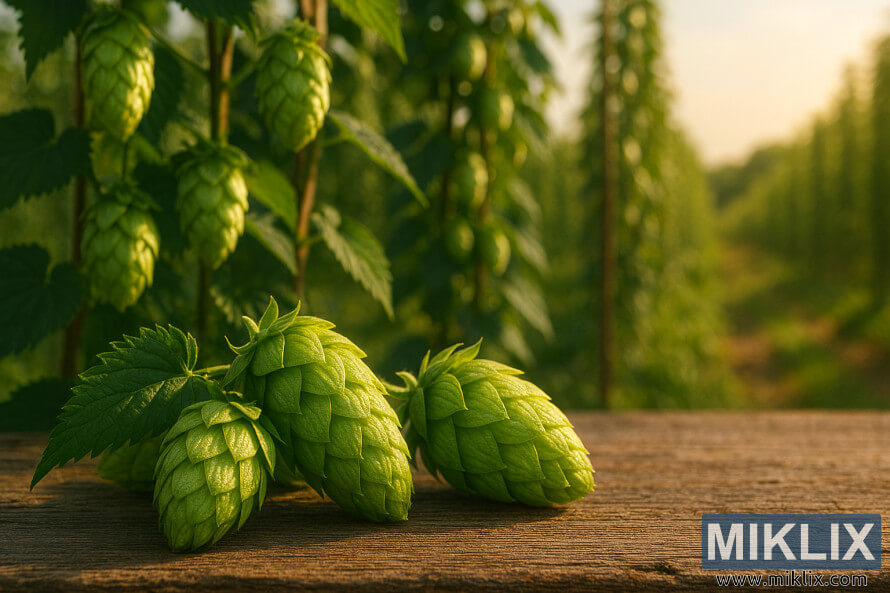 Close-up of fresh Aurora hops on a rustic table with trellised hop plants and sunlit farm in background Close-up of fresh Aurora hops on a rustic table with trellised hop plants and sunlit farm in background