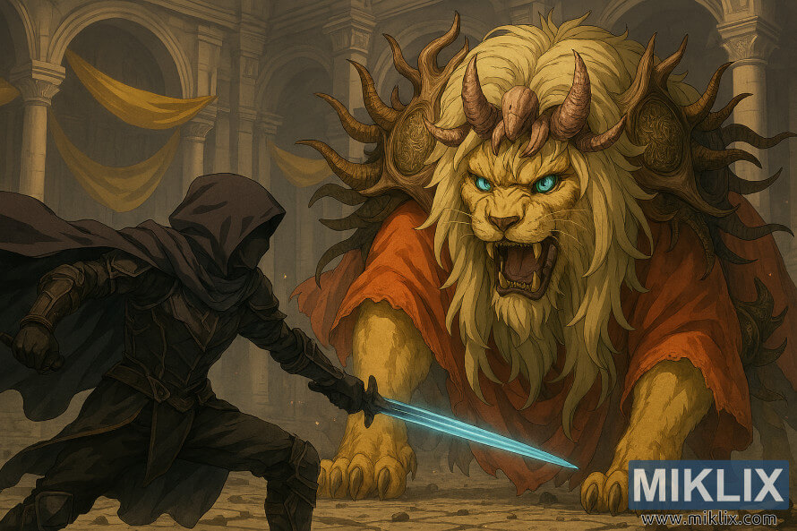 Ð¤ÐµÐ½ Ð°ÑÑ Ð² Ð°Ð½Ð¸Ð¼Ðµ ÑÑÐ¸Ð» Ð½Ð° ÐÐ»Ð´ÑÐ½ Ð Ð¸Ð½Ð³, Ð¸Ð·Ð¾Ð±ÑÐ°Ð·ÑÐ²Ð°Ñ Ð¿Ð¾Ð¼ÑÐ°ÑÐµÐ½Ð¸Ñ Ð² Ð±ÑÐ¾Ð½Ñ Ñ ÑÐµÑÐµÐ½ Ð½Ð¾Ð¶, Ð±Ð¾ÑÐµÑ ÑÐµ Ñ ÐÐ¾Ð¶ÐµÑÑÐ²ÐµÐ½Ð¸Ñ Ð·Ð²ÑÑ, ÑÐ°Ð½ÑÑÐ²Ð°Ñ Ð»ÑÐ².