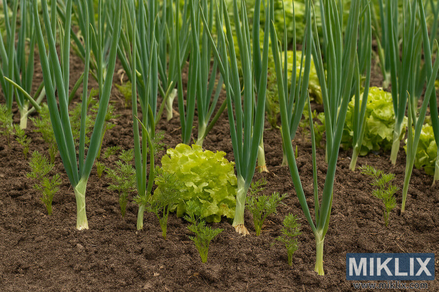 Garden bed with onions, carrots, and lettuce interplanted in rich soil