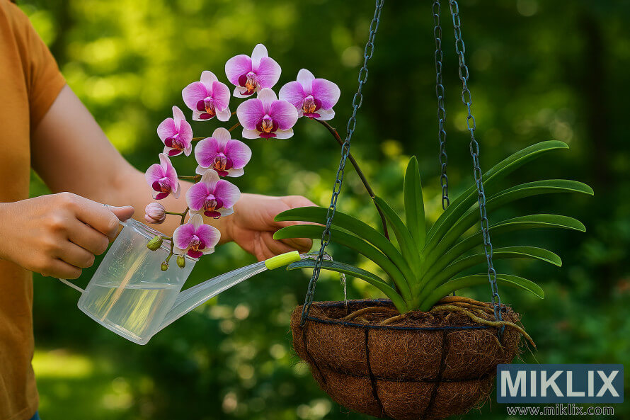 Personne arrosant une orchidÃ©e Phalaenopsis rose et blanche dans un panier suspendu dans un jardin baignÃ© de soleil