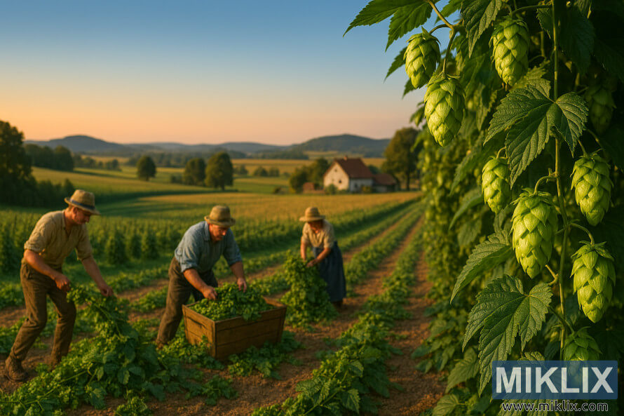 Farmers hand-harvesting ripe Hallertau hops in a Bavarian field at sunset