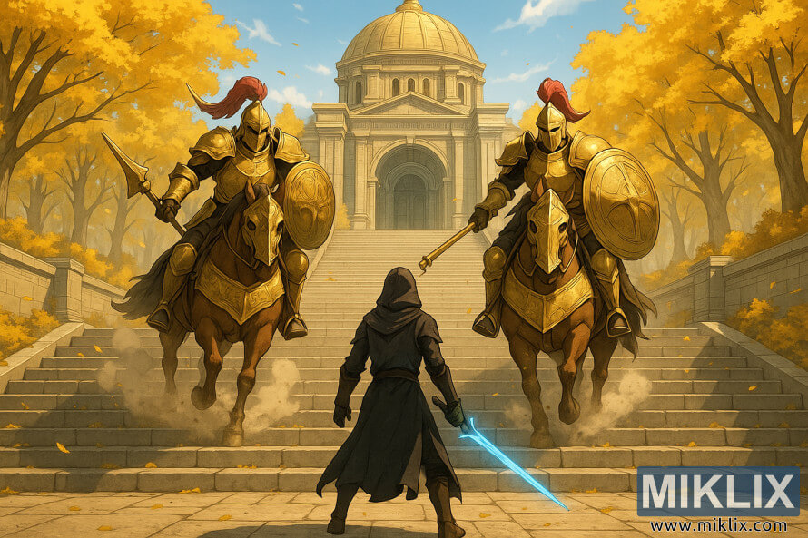 Adegan bergaya anime yang menampilkan kaum Tarnished menghadapi dua Penjaga Pohon berkuda dengan tombak di tangga menuju Leyndell di Elden Ring.