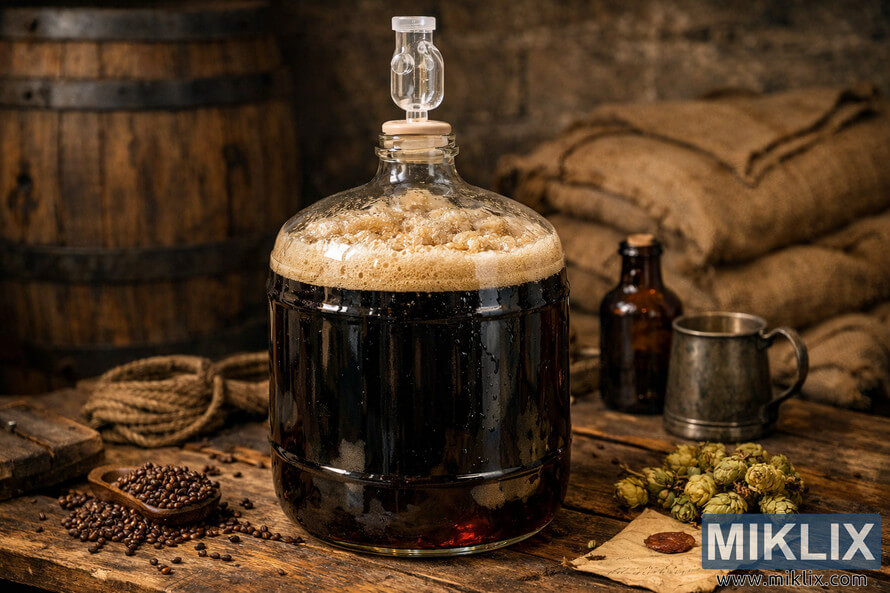 Glass carboy filled with dark Old Ale fermenting on a rustic wooden table with krausen foam and an airlock, surrounded by vintage brewing elements.