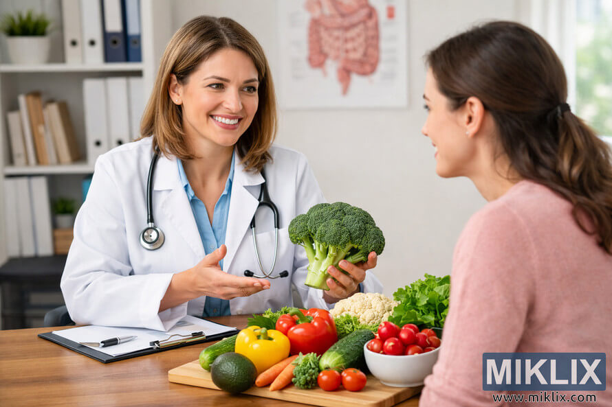 A female doctor in a white lab coat consults with a female patient about nutrition and vegetables at a desk filled with colorful produce. A female doctor in a white lab coat consults with a female patient about nutrition and vegetables at a desk filled with colorful produce.