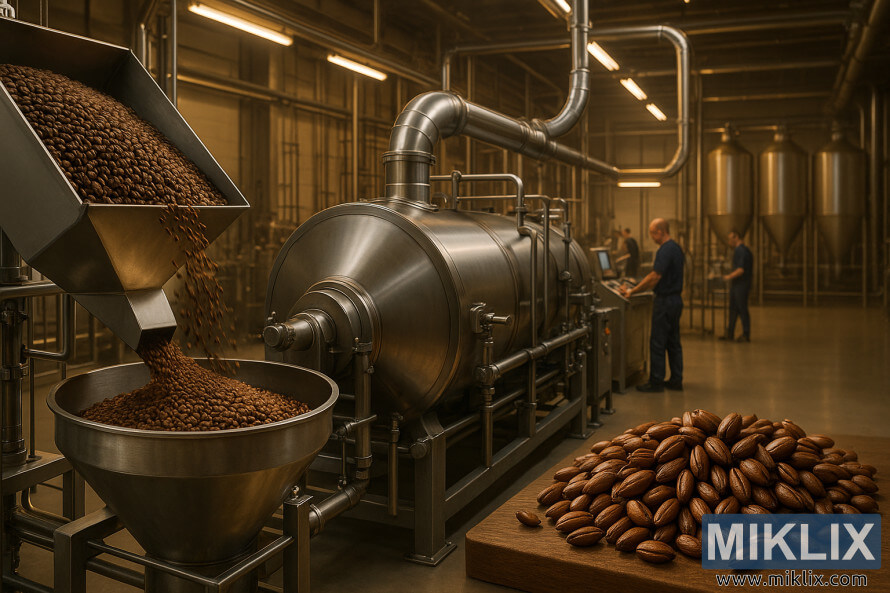 Fasilitas industri dengan hopper malt yang menyalurkan malt coklat pucat ke dalam tungku berputar.