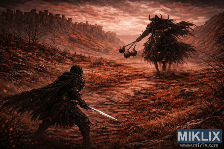 Isometric dark fantasy scene of the Tarnished holding a sword in the lower left while the Nightâs Cavalry charges on a skeletal horse with a three-balled flail across the red plains of Caelid.