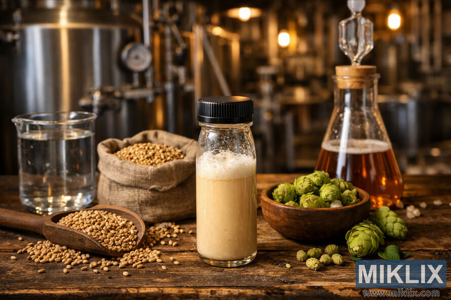 Clear glass vial filled with frothy liquid yeast on a rustic wooden table surrounded by malt, hops, water, and stainless steel brewing equipment in a warmly lit craft brewery.