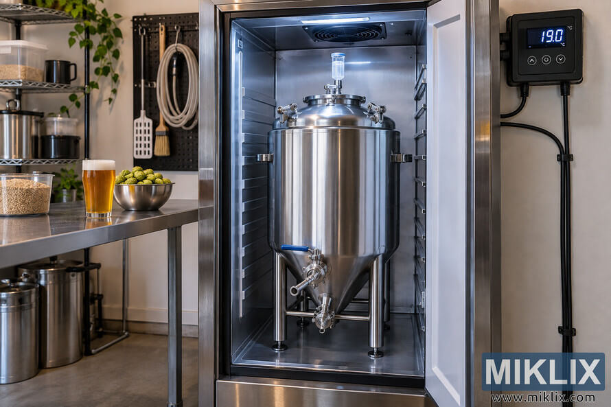 Open stainless-steel beer fermentation chamber containing a conical fermenter and airlock, with a wall-mounted temperature controller reading 19.0 °C and brewing ingredients and equipment nearby. Open stainless-steel beer fermentation chamber containing a conical fermenter and airlock, with a wall-mounted temperature controller reading 19.0 °C and brewing ingredients and equipment nearby.