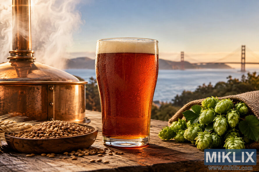 Landscape still life of an unbranded copper-amber California Common-style beer with a creamy head, steaming copper brewing vessel, malted grain and fresh green Northern Brewer hops on a rustic wooden table, with a softly focused California coastal suspension bridge in the background.