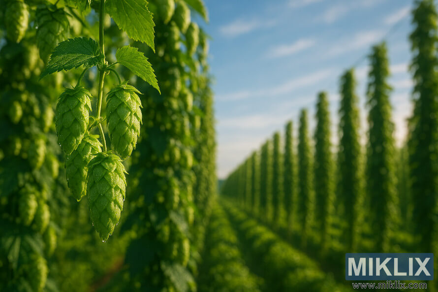 Ukusondelana kwama-hop cones aseStrisselspalt ambozwe ngamazolo alenga ezivinini ensimini ye-hop ekhanyiswe yilanga Ukusondelana kwama-hop cones aseStrisselspalt ambozwe ngamazolo alenga ezivinini ensimini ye-hop ekhanyiswe yilanga