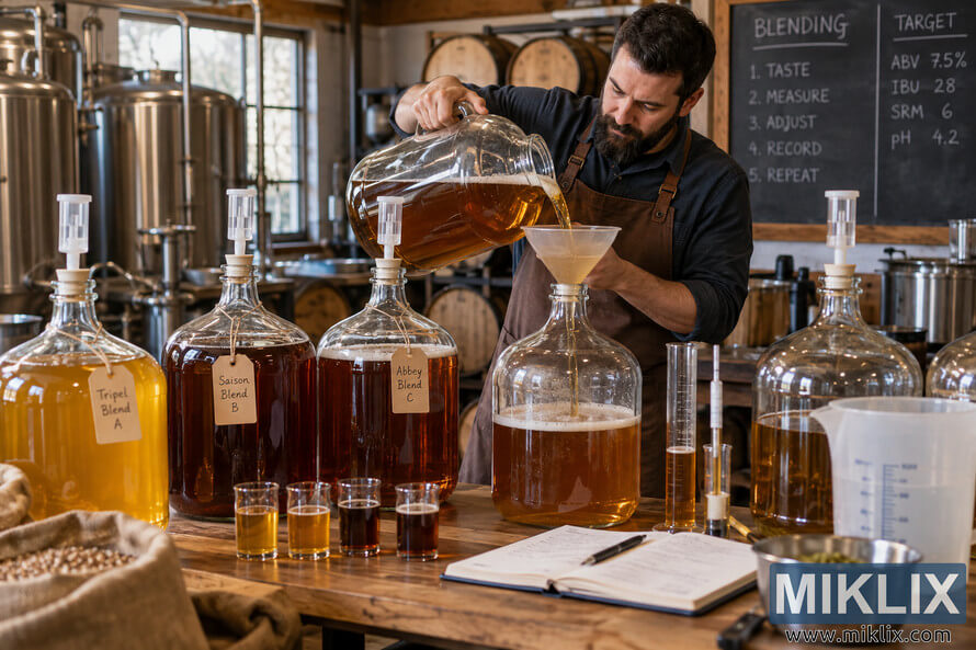 Brewer pours amber liquid between glass carboys amid sample glasses, measuring equipment, barrels, tanks, and a blending chalkboard. Brewer pours amber liquid between glass carboys amid sample glasses, measuring equipment, barrels, tanks, and a blending chalkboard.