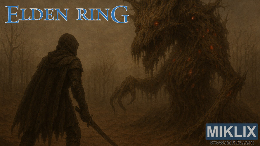Fan art of Tarnished in Black Knife armor fighting Putrid Avatar in Dragonbarrow from Elden Ring