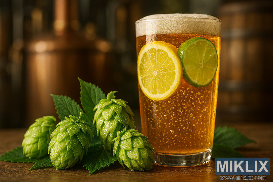 Cônes de houblon Satus frais et un verre de bière blonde aux agrumes avec un décor de brasserie Cônes de houblon Satus frais et un verre de bière blonde aux agrumes avec un décor de brasserie