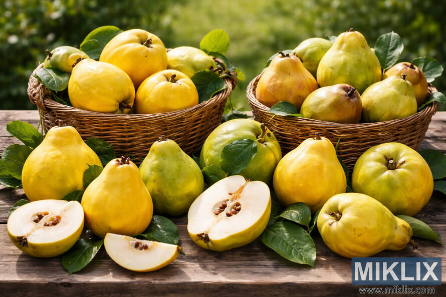 Assorted quince varieties in baskets and on a wooden table, showing different shapes, sizes, and a halved fruit revealing seeds.