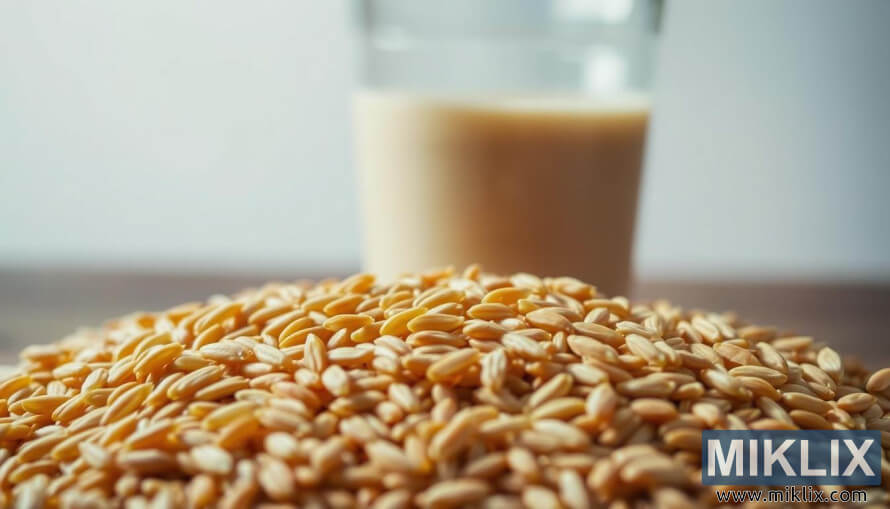 DetailnÃ­ zÃ¡bÄr na zrna hnÄdÃ© rÃ½Å¾e se sklenicÃ­ vody na rozmazanÃ©m pozadÃ­.