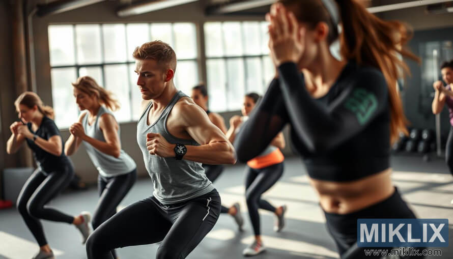 Group of people doing a high-intensity interval training workout in a bright gym with natural light.