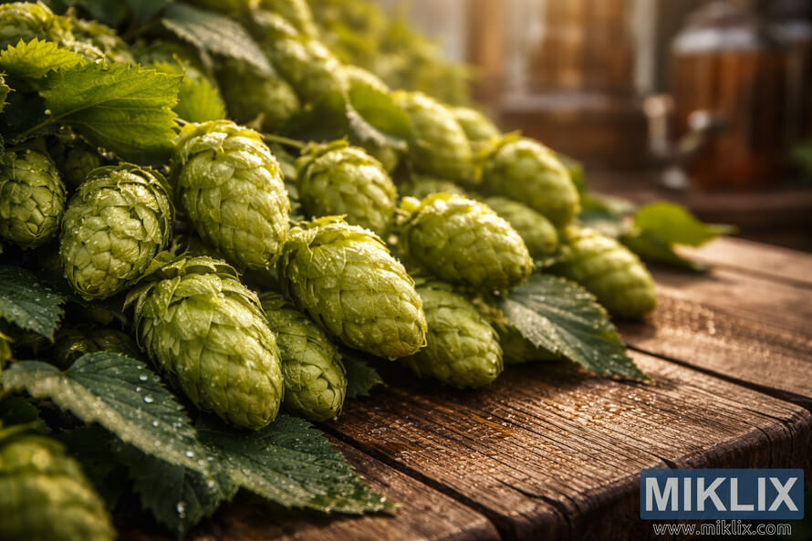 Close-up of fresh green Sonnet hops with dew drops on a rustic wooden brewery table in soft morning light.
