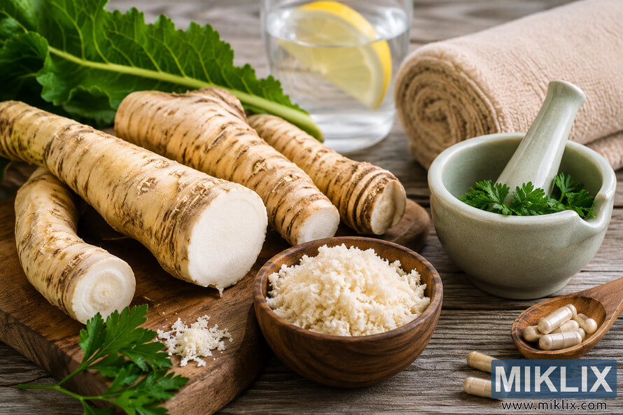 Fresh horseradish roots on a rustic wooden table alongside grated horseradish, herbs, lemon water, a mortar and pestle, wellness capsules, and a rolled towel in a healthy lifestyle still-life composition.