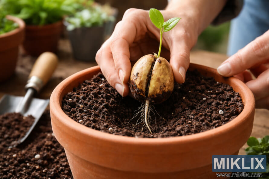 Hands placing a sprouted avocado seed with roots and green leaves into a terracotta pot filled with dark soil