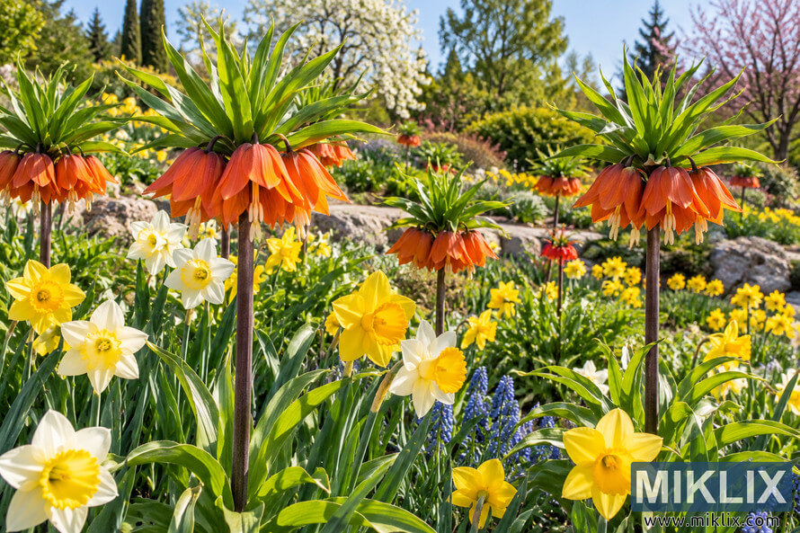 Orange crown imperial flowers rise above yellow and white daffodils in a lush, sunlit spring garden with flowering trees and rocks. Orange crown imperial flowers rise above yellow and white daffodils in a lush, sunlit spring garden with flowering trees and rocks.