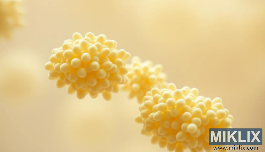 MakrÃ³sÃ½n af gerfrumum sem Ã¾yrpast saman viÃ° flokkun Ã¡ mÃ³ti Ã³skÃ½rum bakgrunni.