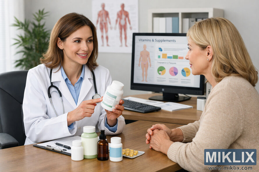 A female doctor in a white lab coat consults a middle-aged female patient about dietary supplements in a bright medical office. The doctor holds a white bottle while explaining its contents, and the patient listens attentively across a wooden desk with several supplement bottles and a computer displaying vitamin charts in the background. A female doctor in a white lab coat consults a middle-aged female patient about dietary supplements in a bright medical office. The doctor holds a white bottle while explaining its contents, and the patient listens attentively across a wooden desk with several supplement bottles and a computer displaying vitamin charts in the background.