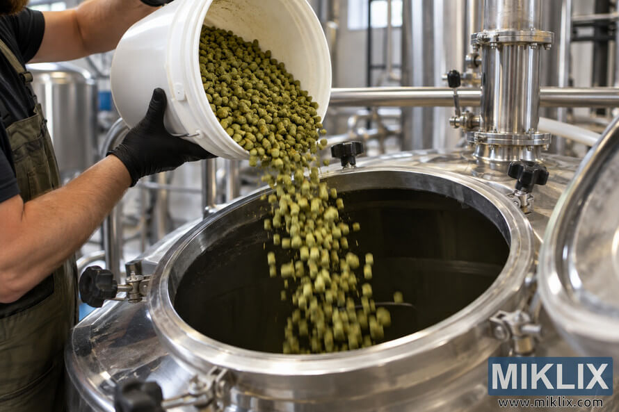 Brewery worker wearing black gloves pours green Green Bullet hop pellets from a white bucket into the open hatch of a stainless-steel fermenter for dry hopping in a modern brewery. Brewery worker wearing black gloves pours green Green Bullet hop pellets from a white bucket into the open hatch of a stainless-steel fermenter for dry hopping in a modern brewery.