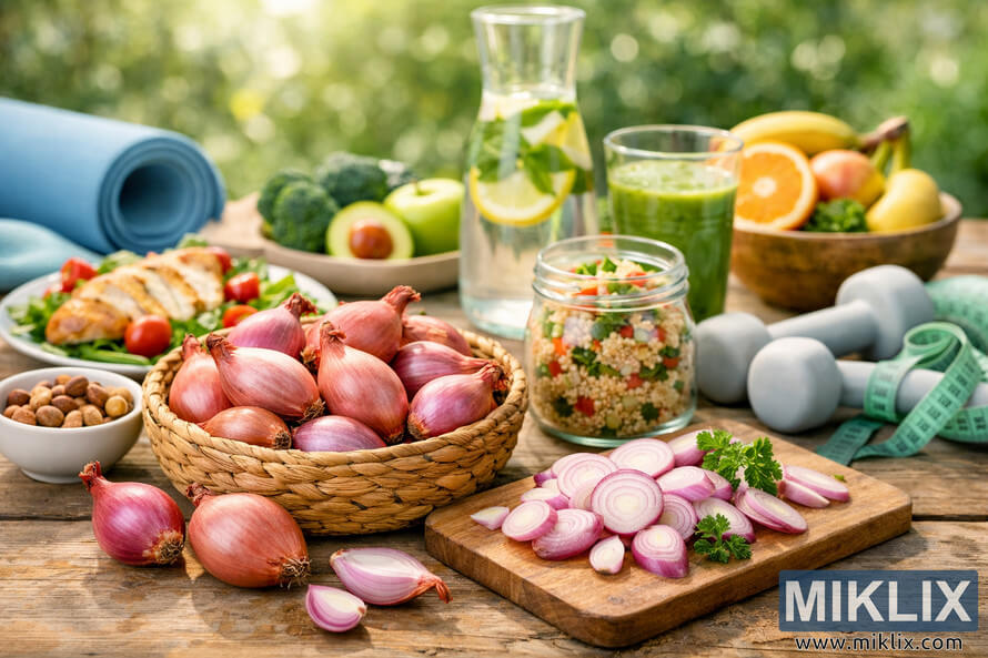 A vibrant outdoor scene showing shallots and other nutritious foods arranged on a rustic wooden table, symbolizing a healthy lifestyle and balanced diet.