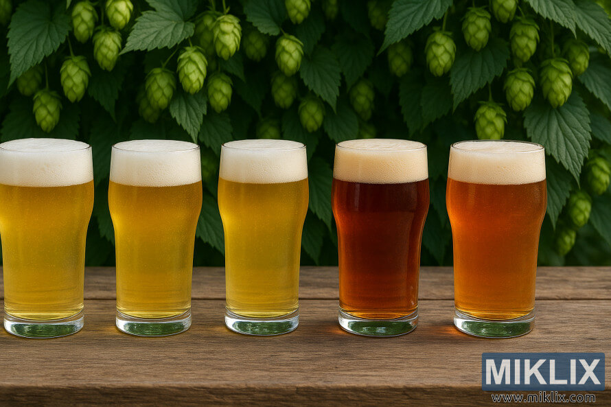 PÄt sklenic rÅ¯znÃ½ch pivnÃ­ch stylÅ¯ na rustikÃ¡lnÃ­m dÅevÄnÃ©m stole se zelenÃ½mi chmelovÃ½mi rostlinami v pozadÃ­.